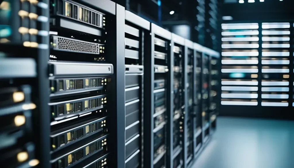 Row of server racks with shelves in a modern data center environment